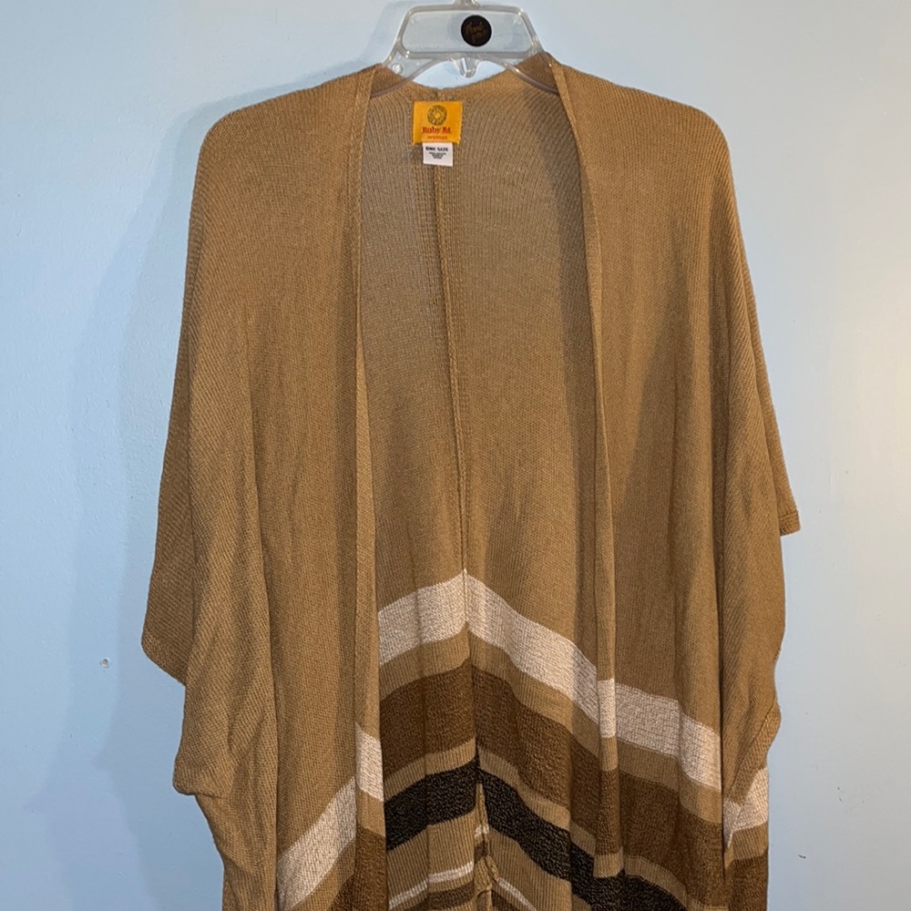 Ruby Rd Tan White Black Fringe shawl vest Osfm